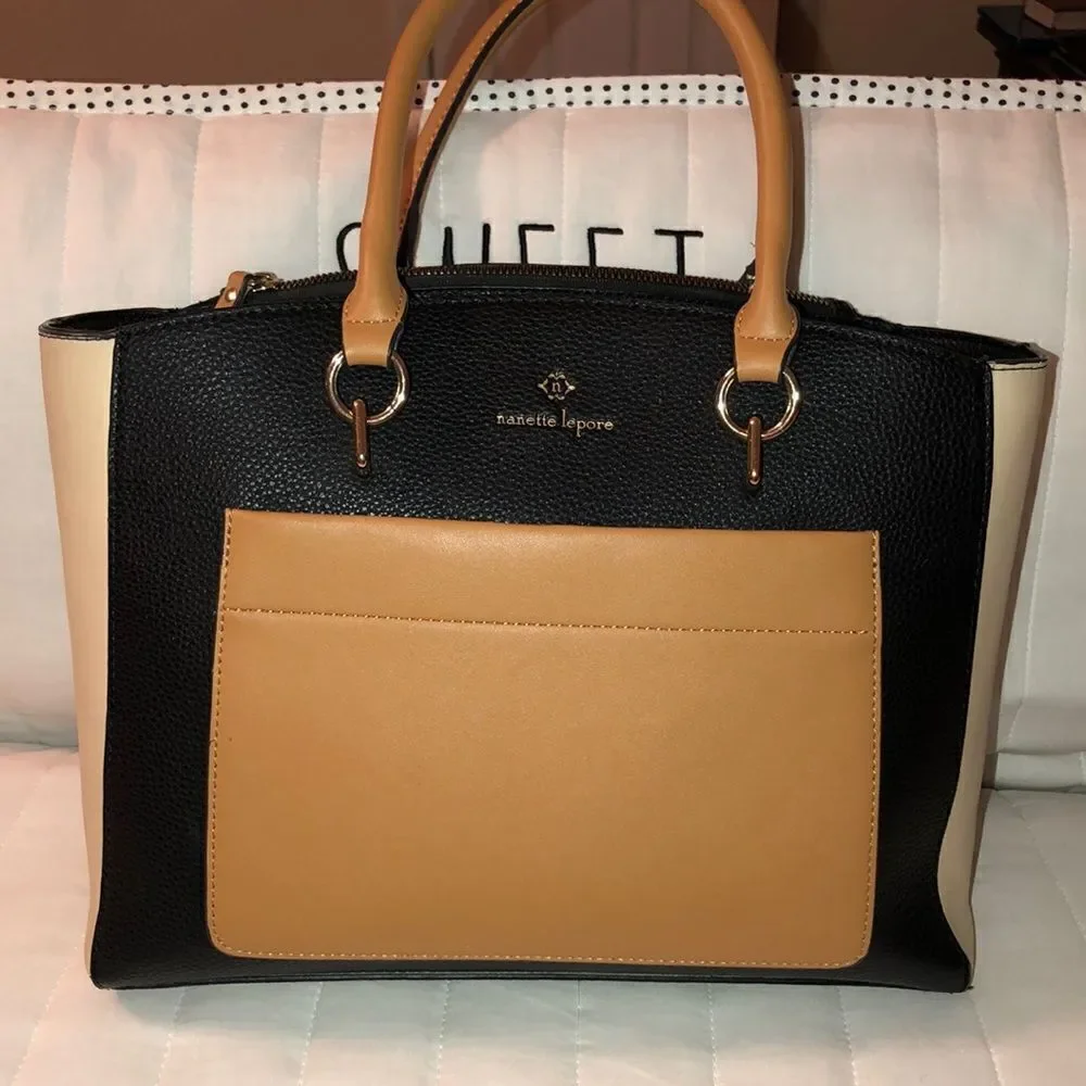 nanette lepore Darryl Color Block Black Camel Ivory Faux Leather Satchel